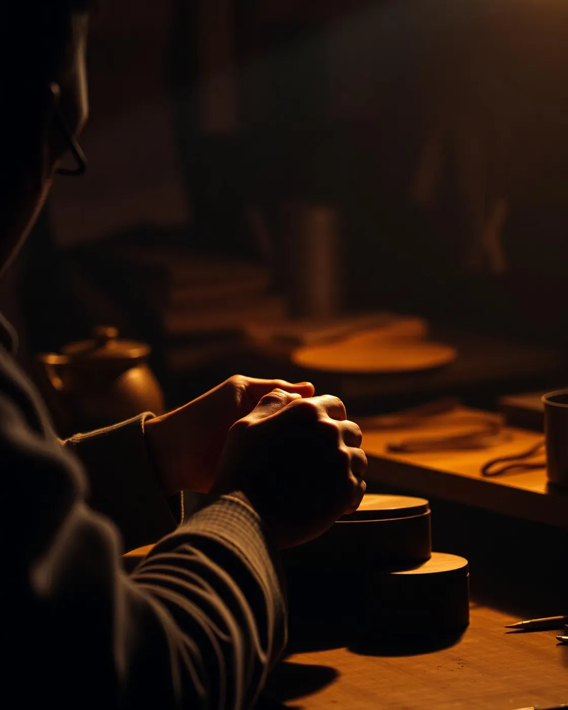 A craftsperson at work in a quiet, warmly lit studio